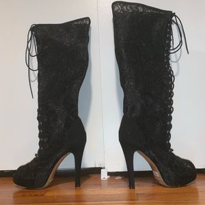 Torrid high black lace up open toed boots / heels